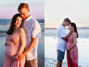 Pregnant couple embracing on the beach in Ocean city, new Jersey at sunset