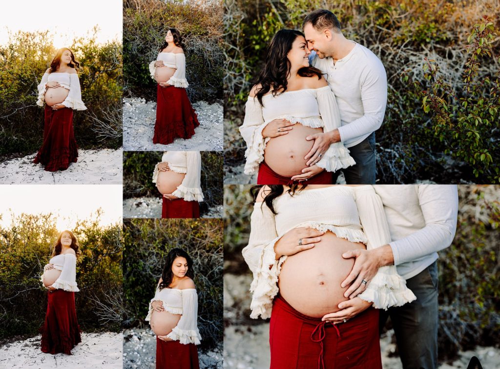 Pregnant 26 year old woman on the beach in Ocean City, New Jersey with greenery behind her in a ivory crop top and red skirt alone and with her significant other