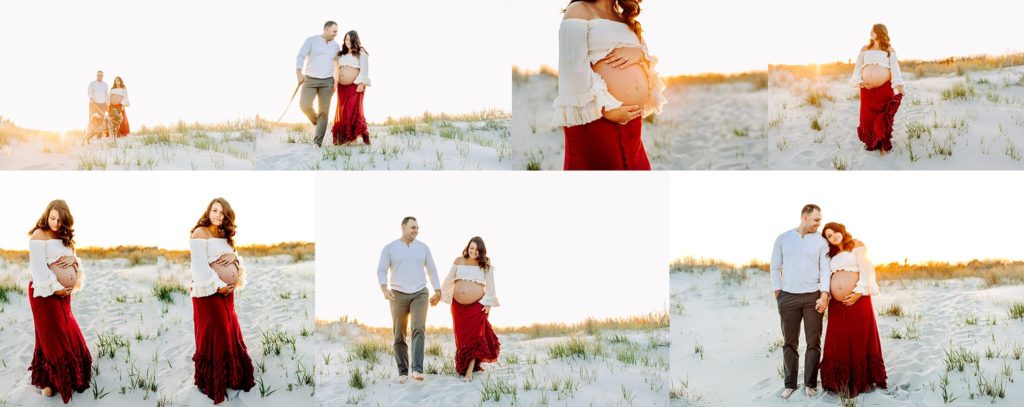 Pregnant 26 year old woman on the beach in Ocean City, New Jersey with the sun setting behind her in a ivory crop top and red skirt alone and with her significant other