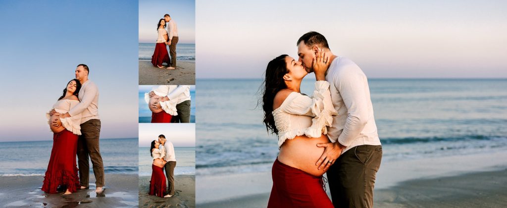 Pregnant 26 year old woman on the beach in Ocean City, New Jersey with the ocean behind her in a ivory crop top and red skirt alone and with her significant other