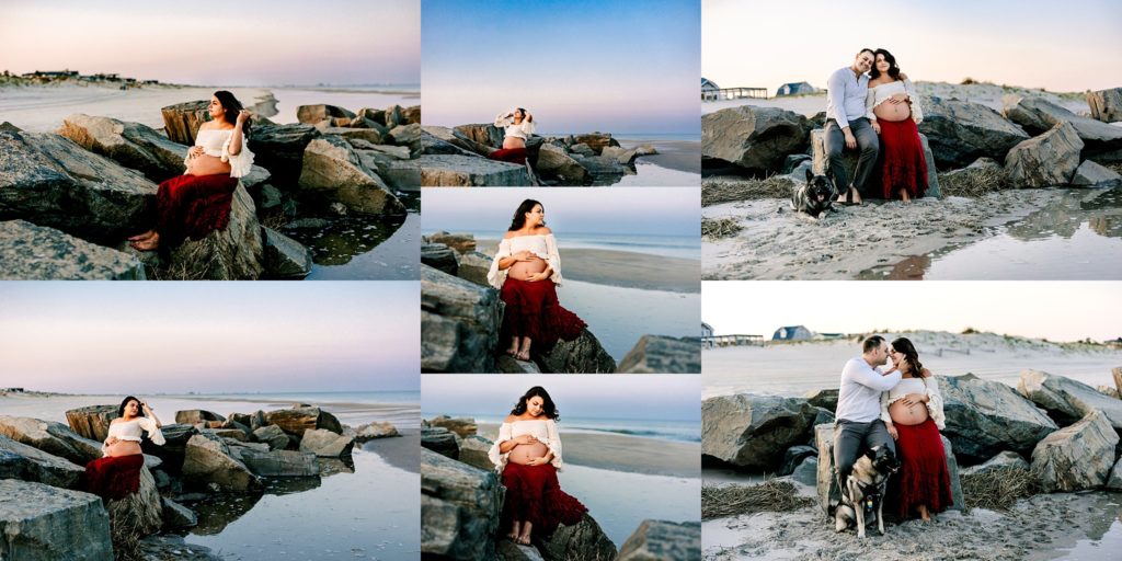 Pregnant 26 year old woman on the beach in Ocean City, New Jersey sitting on a jetty in a ivory crop top and red skirt alone and with her significant other