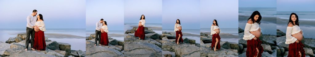 Pregnant 26 year old woman on the beach in Ocean City, New Jersey standing on a jetty in a ivory crop top and red skirt alone and with her significant other